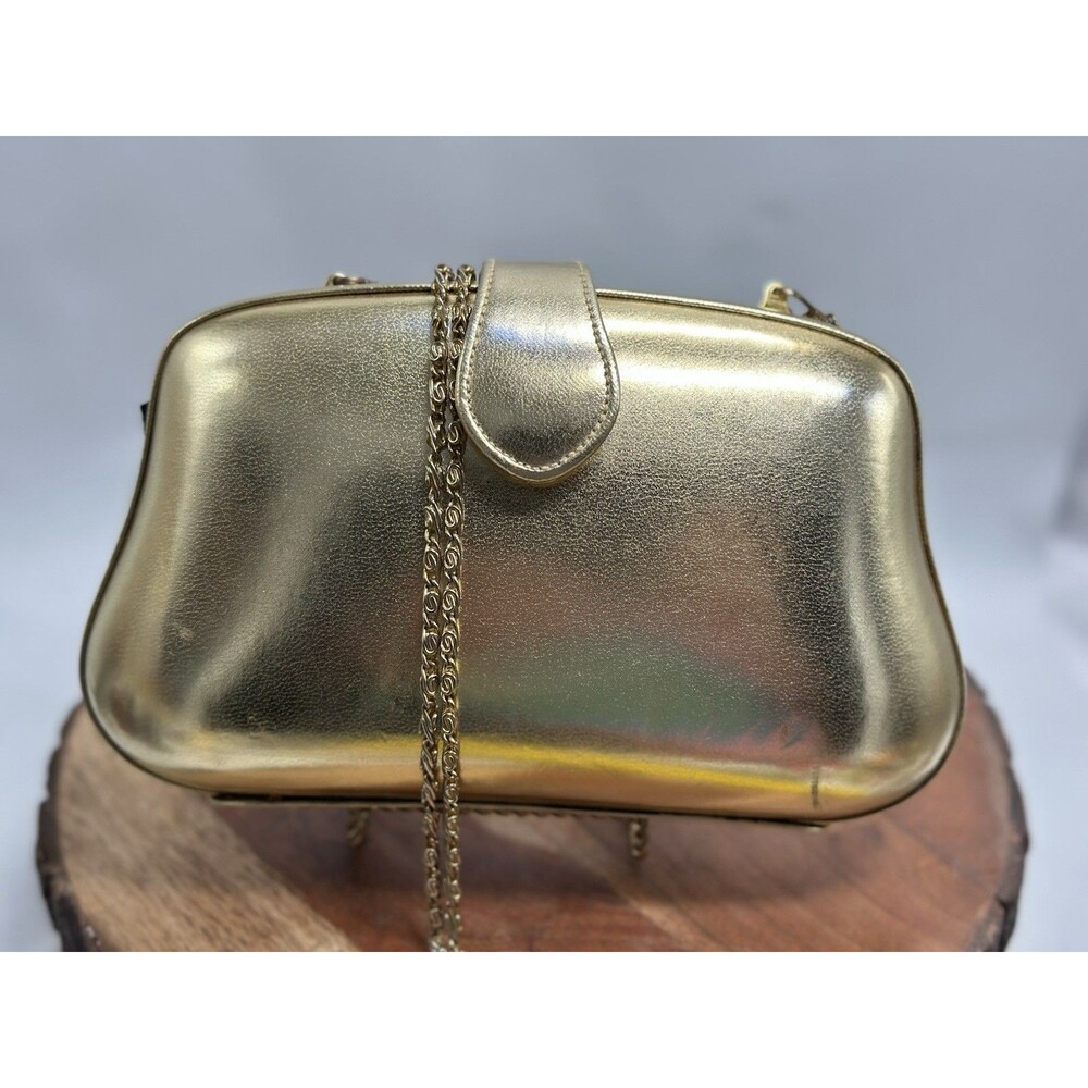 La Regale Smooth Gold Evening Bag Clutch w Chain Strap